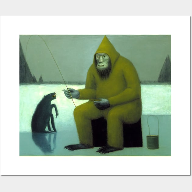 Eeri Yeti Ice Fishing with his Bigfoot Dog Wall Art by Walter WhatsHisFace